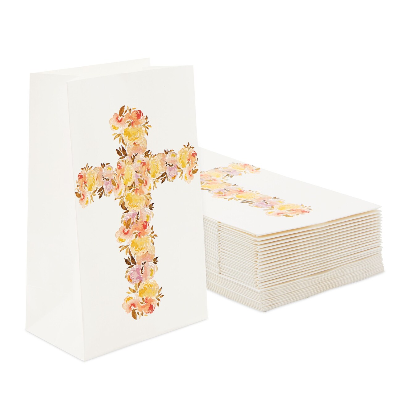 Blue Panda 36-Pack Religious Party Favors Gift Bags for Baptism, First Communion, Easter and Children’s Birthday, Party Supplies Goodie Bag with Chic Floral Cross Design, 5.2x8.7x3.3 inches